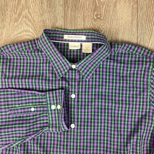 L.L. Bean Button Up Shirt Men's XL Wrinkle Resistant Plaid Green Purple Long Sle